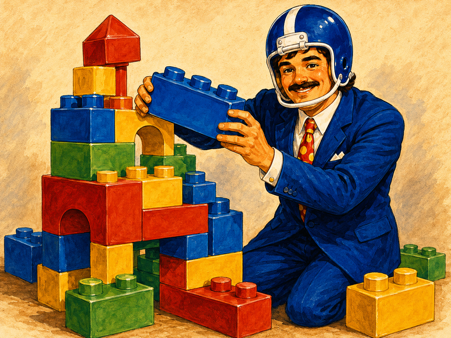 The Builder assembling giant colorful plastic building blocks